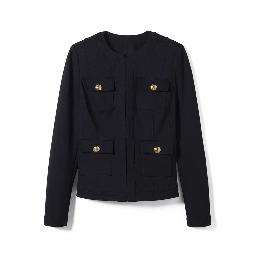 WHBM Stylist Jacket Black Size 12 Gold Buttons Military Band Collar Stretch New